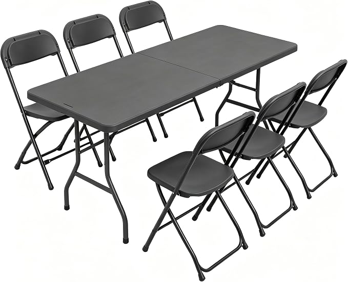8 FT Black Plastic Folding Table Set with 6 Black Folding Chairs for Picnic, Party, Training, Outdoor Activities, at Home and Commercial Use