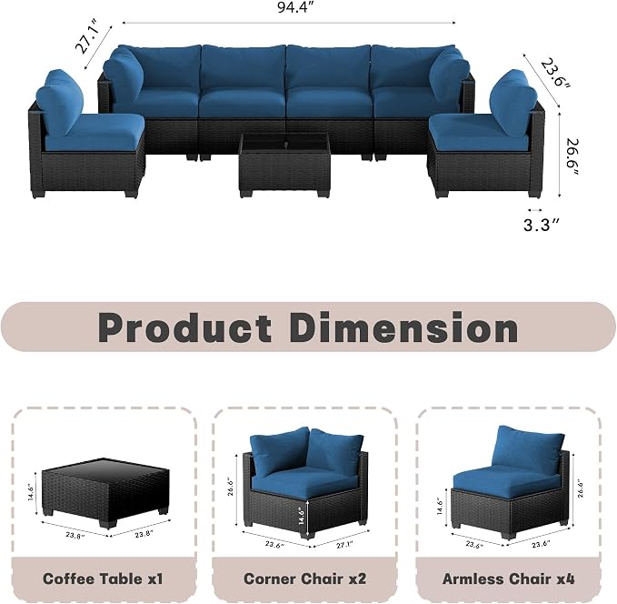 Patio Furniture Set 7 Pieces Conversation Set Wicker Outdoor Sectional Sofa,Ergonomic Armrests Couch with Cushion and Glass Table (Black-Peacock Blue, 7 Piece-Single)