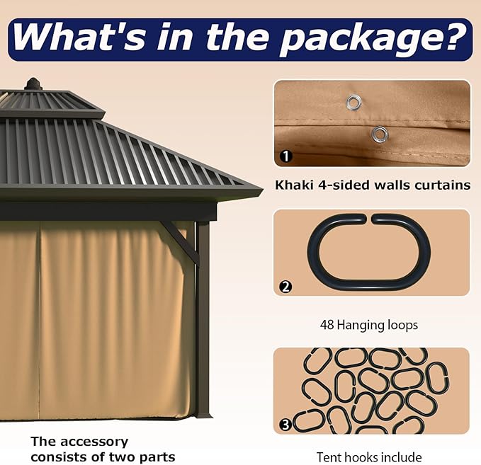 Upgraded 10’x12’ 4-Side Wall Gazebo Privacy Curtains with Zipper for Lowe's Allen Roth #GF-12S004B-1 / GF-12S004BTO / TPGAZ17-002, 4-Panels Curtains Replacement for 10-ft x 12-ft Gazebo (Khaki)