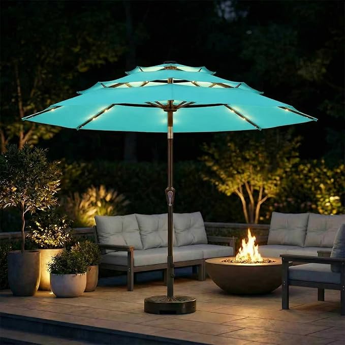 10ft 3-Tier Patio Umbrella with 32 Solar Powered LED Lights, Windproof Outdoor Market Umbrella for Deck, Poolside & Garden, Sturdy Push-Button Tilt Table Umbrella, Aqua Blue