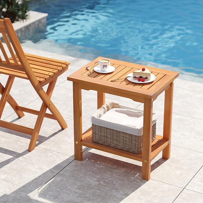 Tangkula Outdoor Side Table, 2-Tier Patio End Table with Slatted Tabletop & Storage Shelf, Acacia Wood Accent Bistro Table for Backyard, Poolside, Garden, Indoor, Natural (1)