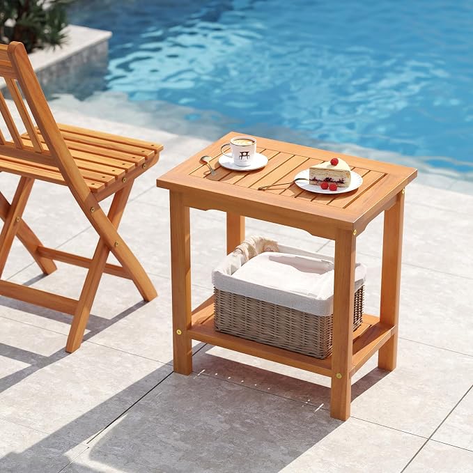 Tangkula Outdoor Side Table, 2-Tier Patio End Table with Slatted Tabletop & Storage Shelf, Acacia Wood Accent Bistro Table for Backyard, Poolside, Garden, Indoor, Natural (2)