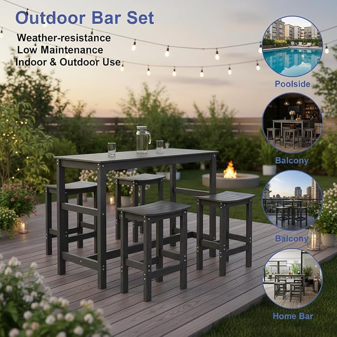 5Pcs Poly Lumber Outdoor Patio Bar Set, All Weather HIPS Bar Table and Chairs Set for Outside, 55" Rectangular High Top Bar Table with 4 Bar Stools for Patio, Poolside, Balcony, Hot Tub, Black