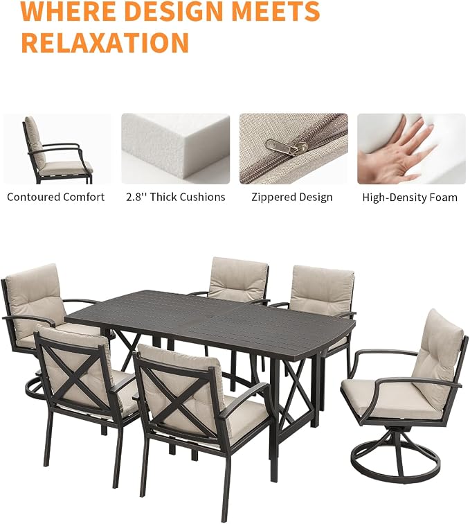 7 Pieces Outdoor Dining Set for 6, Never Rusts Aluminum Patio Dining Set with 2 Swivel Rocker Chairs, Patio Table and Chairs Set, Outdoor Furniture Set for Deck, Garden, Lawn, Gunmetal