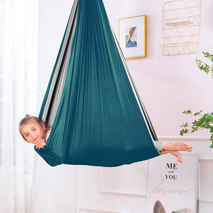 Therapy Swing Hammock Kids Cuddle Sensory Swing Indoor Therapeutic Hammock 360° Rotating Double Layer Elastic Rocking Cloth Swing Gifts for Children with ADHD SPD Asperger Autism (Green+Grey)