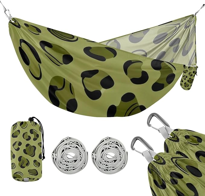 Green Leopard Print Camping Hammocks Fabric Hammock for Outside Patio Backyard Poolside
