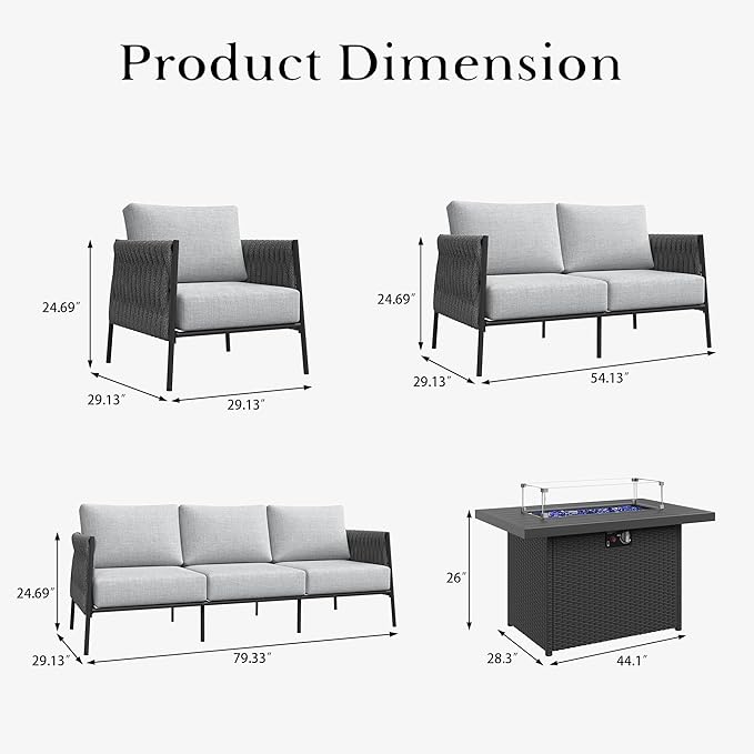 LayinSun 7 Piece Outdoor Furniture Set with Fire Pit Table, Modern Rope Woven Patio Conversation Sofa Set with Olefin Braid and Deep Seating