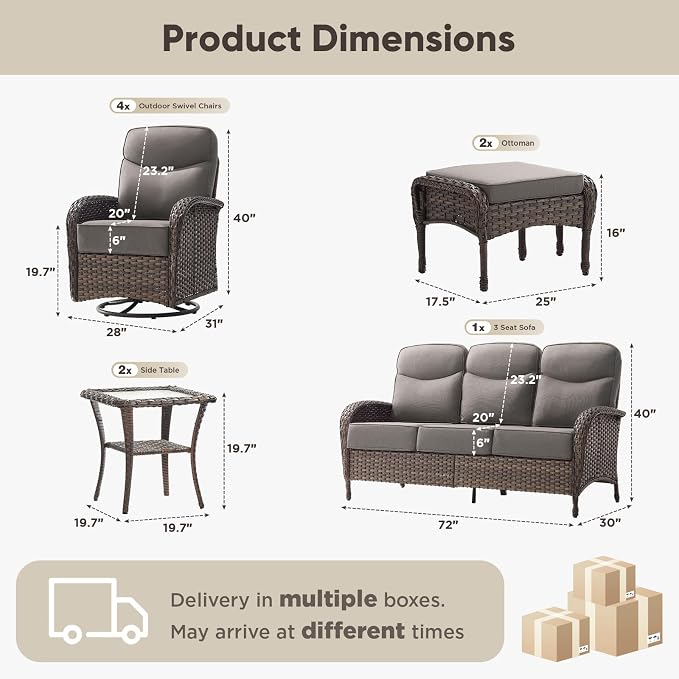 9-Piece Patio Furniture Set with Upgraded 6" Thick Cushion - High Back Outdoor Swivel Rocker Chairs Set of 2 with 3-Seater Sofa,Ottomans,Wicker Outdoor Conversation Set for Deck, Porch, Yard, Poolside
