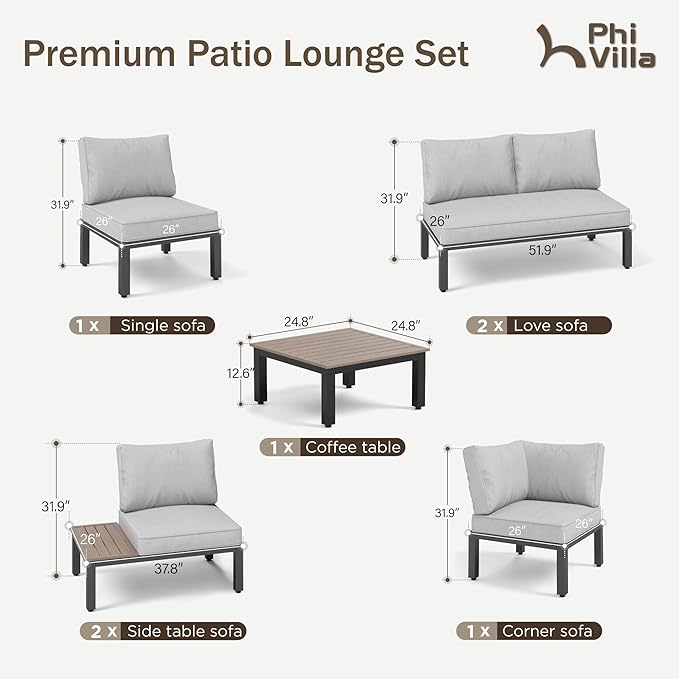 PHI VILLA 7 Pieces Outdoor Patio Furniture Set,Metal Frame Modern Outdoor Sectional Sofa Set,8 Seats Patio Conversation Sets with Coffee Table&Thickened Cushion,for Poolside and Backyard,Light Grey