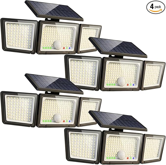Solar Outdoor Lights Motion Sensor, 2500LM 286 LED Security Flood Lights with Visual Battery & Mode Display, 3 Lighting Modes, IP65 Waterproof 3-Head Wide Angle for Garage, Yard, Patio (4 Pack)