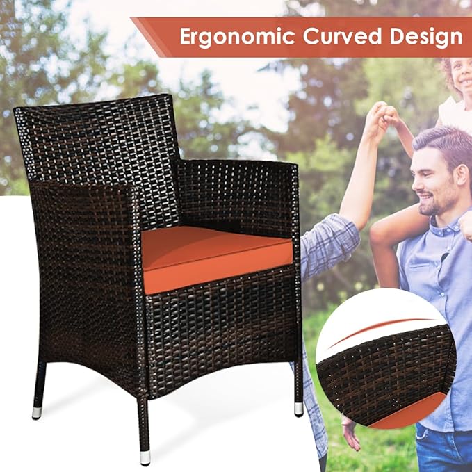 8 Pieces Patio Sofa Set, Wicker Conversation Set with Ergonomic Curved Backrest, Water-Resistant Cushion & Tempered Glass Table for Balcony, Porch (Orange)