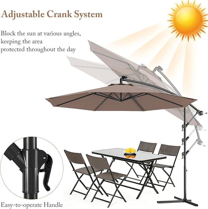 Giantex 10ft Offset Patio Umbrella with Cross Base, Tan, Polyester Fabric, 96% Sunlight Protection