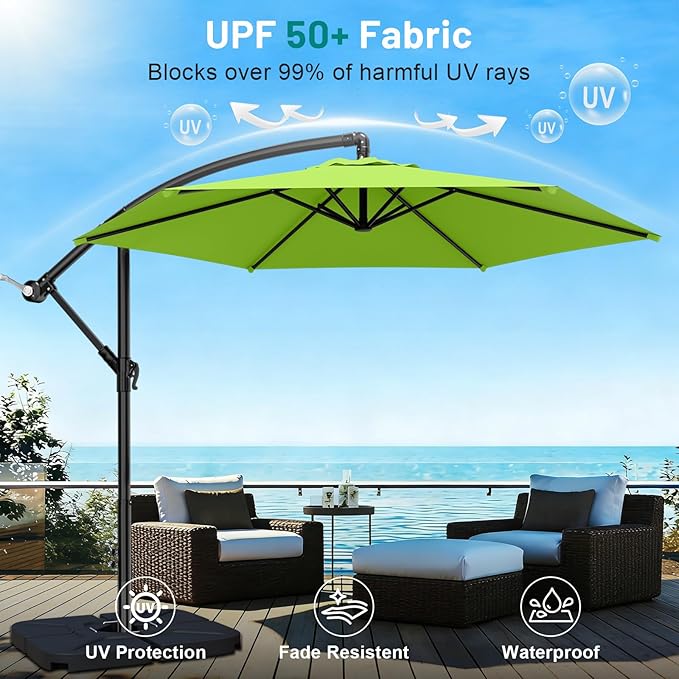 AreShark 10FT Patio Outdoor Umbrella, Offset Patio Umbrella Cantilever Umbrella, 6 Sturdy Ribs, Easy Adjustment for Garden Market Pool with Cross Base (Apple Green)