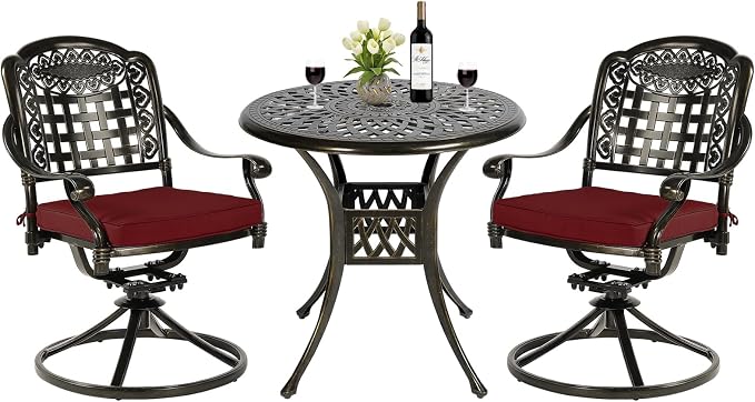 MEETWARM 3-Piece Outdoor Patio Dining Set, All-Weather Cast Aluminum Patio Conversation Set with 2 Cushions Swivel Rocker Chairs and 31" Round Table for Backyard Garden Deck, Umbrella Hole, Chili Red