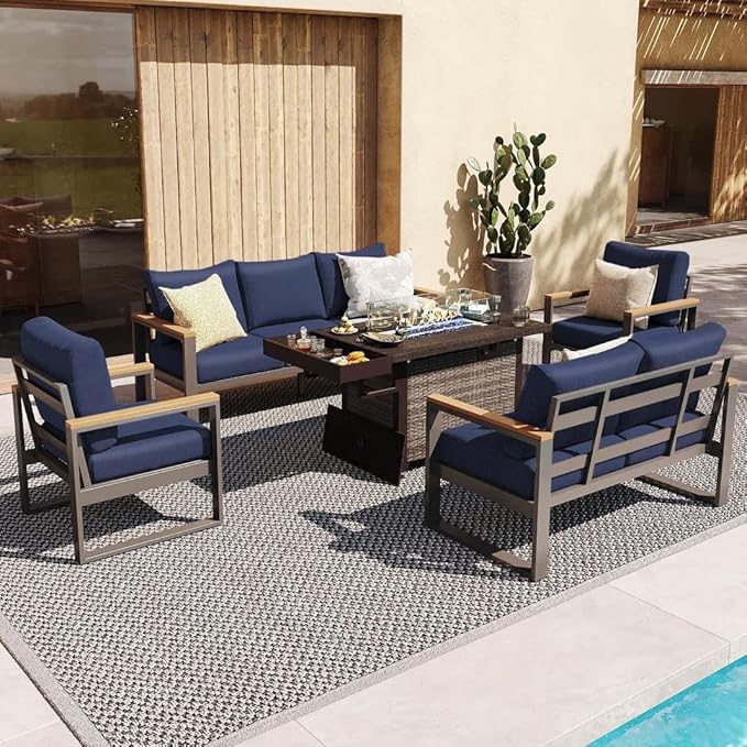 Sundale Outdoor Aluminum Patio Furniture Set, 5 Piece Outdoor Conversation Sets with Fire Pit and Washable Thick Cushions, All Weather Outdoor Sectional Set for Deck, Lawn, Yard (Navy Blue)