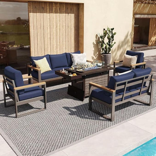 Sundale Outdoor Aluminum Patio Furniture Set, 5 Piece Outdoor Conversation Sets with Fire Pit and Washable Thick Cushions, All Weather Outdoor Sectional Set for Deck, Lawn, Yard (Navy Blue)
