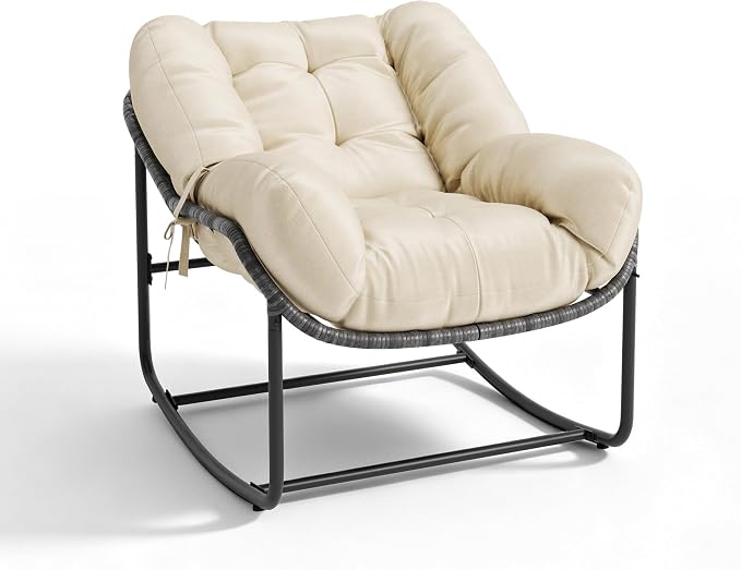 GarveeLife Outdoor Lounge Rocking Chair, Iron Frame Patio Rocker Chair with Cushion, Beige Relaxing Chair for Patio, Garden, Balcony