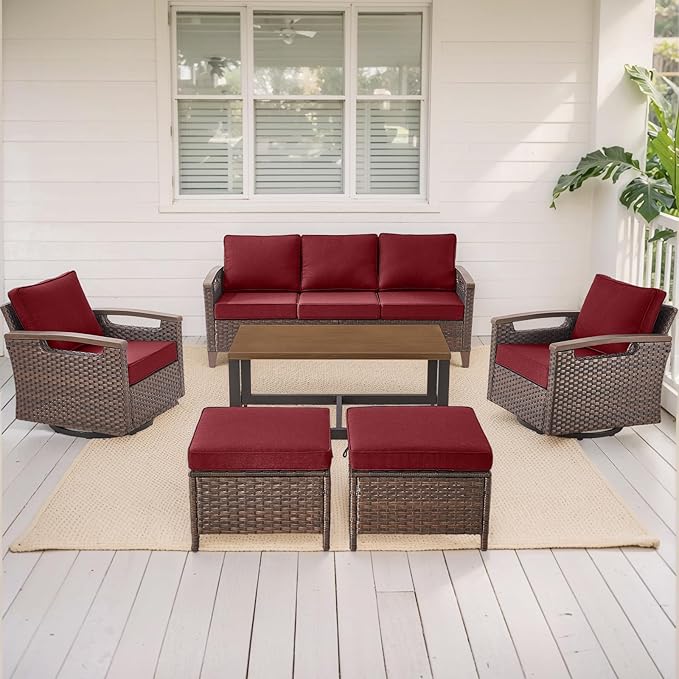 Rilyson Wicker Outdoor Patio Furniture Set - 6 Piece Patio Conversation Sets with Swivel Rocker Chairs, Sofa, Ottomans and Coffee Table, Thick Cushions, Waterproof Wicker, for Porch Deck Brown/Red