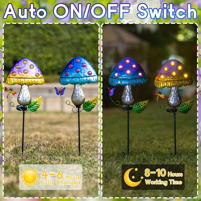 Solar Mushroom Lights for Outside 2 Pack，Mushroom Solar Lights Outdoor Metal Stakes Decorate Garden,Path,Backyard,Flower Bed,Pathway,Lawn
