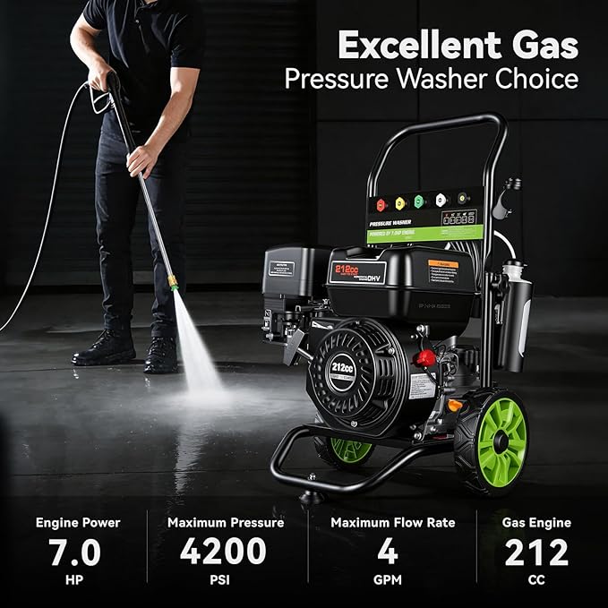 Professional 4200PSI 4GPM 212CC Gas Pressure Washer, 7.0HP Commercial Gas Power Washer with 1L Foam Bottle 8" Wheels 5 Nozzles 25FT Hose for Cleaning for Home Car Yard (EPA/CARB/ETL Compliant), Black