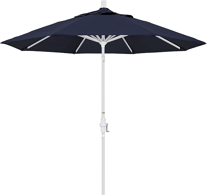 California Umbrella 9' Round Aluminum Market Umbrella, Crank Lift, Collar Tilt, White Pole, Navy