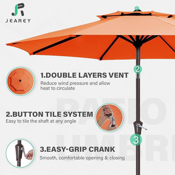 JEAREY 9' 2-Tiers Patio Umbrellas Outdoor Table Market Umbrella w/Push Button Tilt/Crank, 8 Sturdy Ribs, UV Protection Waterproof Sunproof(Orange)