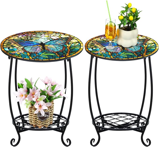 Cinnvoice 2 Pcs Outdoor Side Table Small Patio Round Mosaic Accent End Table Indoor Plant Metal Coffee Tea Tables for Patio Yard Porch Garden Living Room(10" and 12",Butterfly Style)