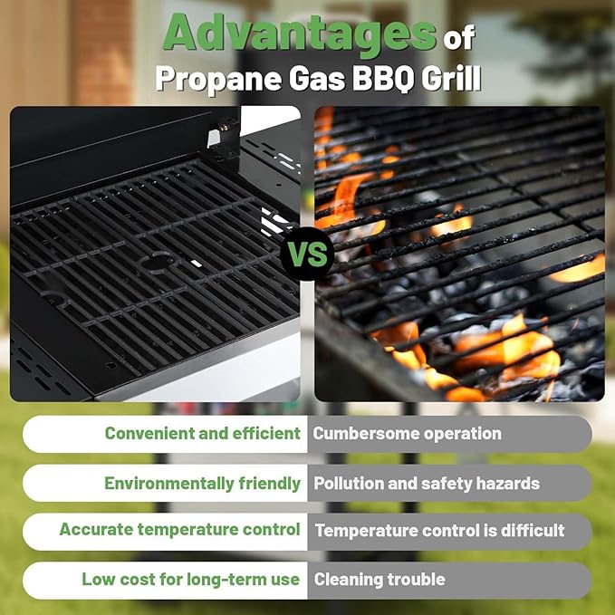 4-Burner Propane Gas Grill with 2 Foldable Side Tables, 34,200 BTU Outdoor BBQ Grill with Porcelain-Enameled Flame Tamers, Built-in Thermometer, Easy Assembly for Patio, Backyard BBQ