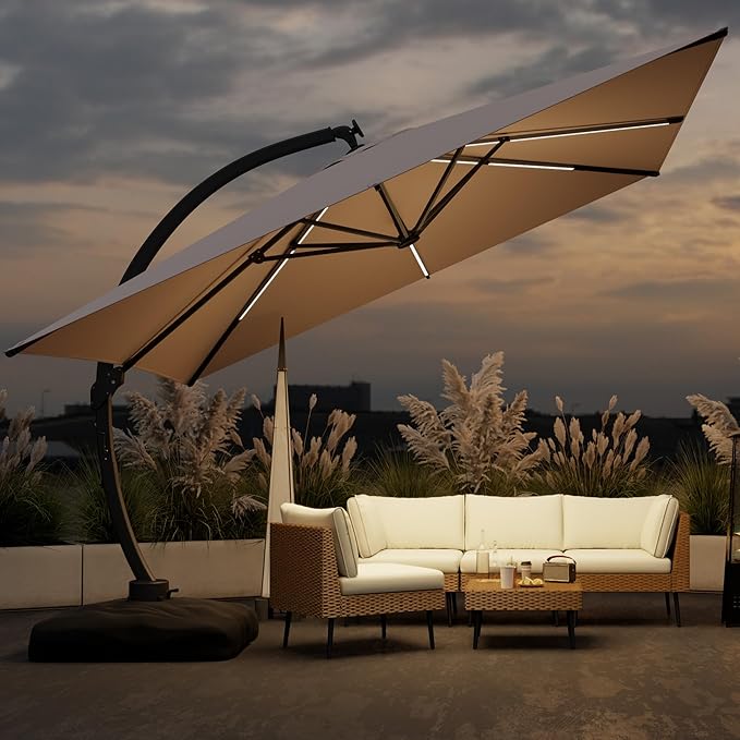 11x11FT Solar Powered LED Light Cantilever Patio Umbrella with Base Included, Large Cantilever Umbrella with 360°Rotation, Heavy-Duty Offset Outdoor Umbrella for Patio,Pool,Backyard (Champagne)