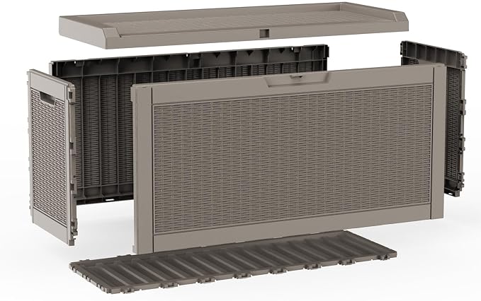 75 Gallon Outdoor Deck Storage Box, Weather Resistant Rattan Style Lockable Storage Container for Patio, Poolside & Backyard Large Space Organization (Grey, 75GAL)