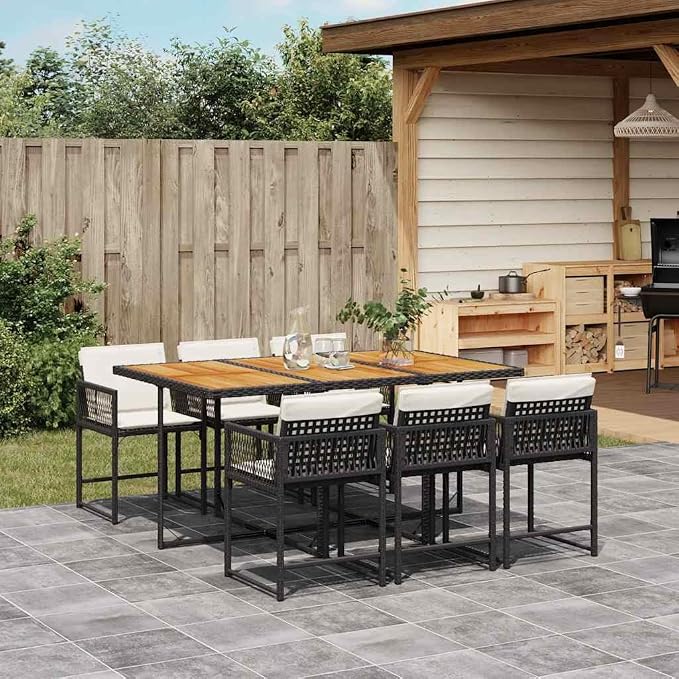7 Piece Outdoor Patio Dining Set with Cushions Black Poly Rattan, Space-Saving Folding Chairs, UV-Proof PE Rattan and Acacia Wood Table for Garden Backyard Deck Entertaining