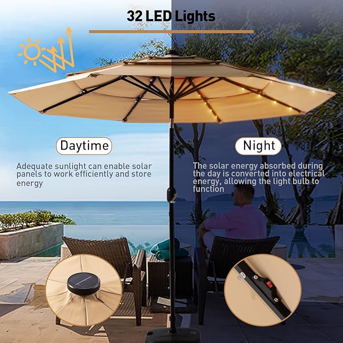COSIEST 9FT 3 Tiers Patio Umbrella with Solar Lights, LED Outdoor Umbrellas with 8 Sturdy Ribs, Market Patio Table Umbrella with Push Button Tilt, Pool Umbrellas for Garden, Pool, Backyard
