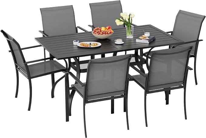 7-Piece Patio Dining Set,6 Person Outdoor Table and Chairs Set, 6 Metal Dining Chairs and Rectangular Outdoor Table with 1.57" Umbrella Hole,Grey