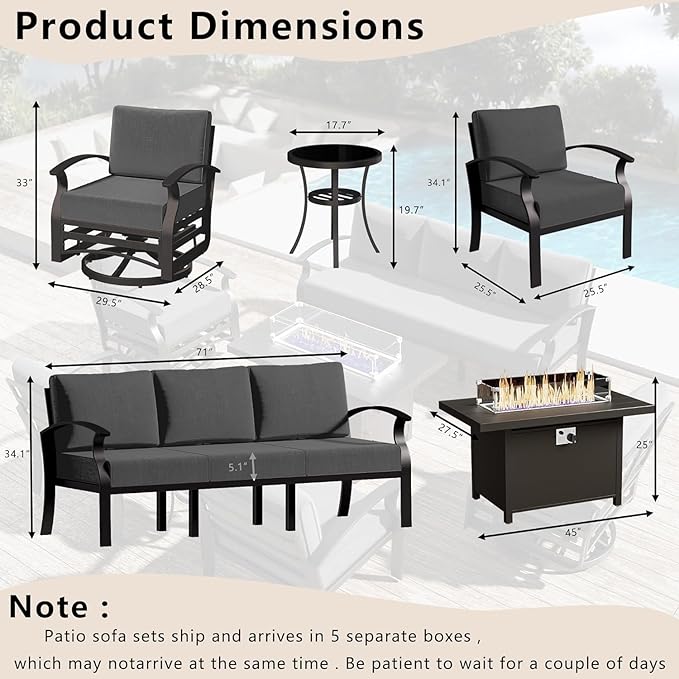 Patio Furniture Set 7-Piece Aluminum Armrest Sofa, Modern Outdoor Living Room Set with 55000 BTU Propane Aluminum Fireplace, Outdoor Rotary Joystick with Thick Cushion