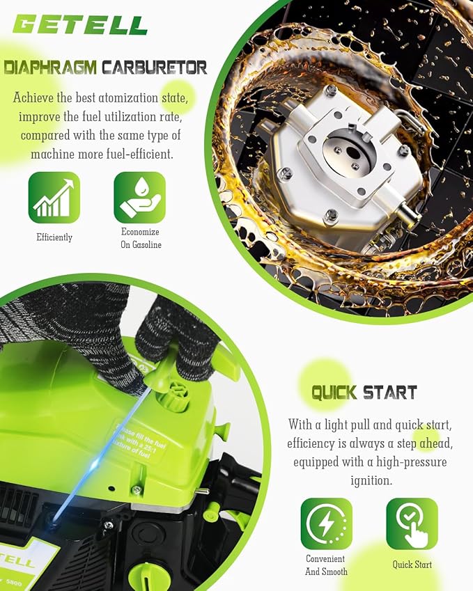 Gas Powered Chainsaw with 20 and 18 Inch Bar Dual System, 58cc 3.6 HP Professional 2-Stroke Engine, Easy Start and Anti-Vibration for Farm Ranch or Heavy Duty Wood Cutting (Green Black)