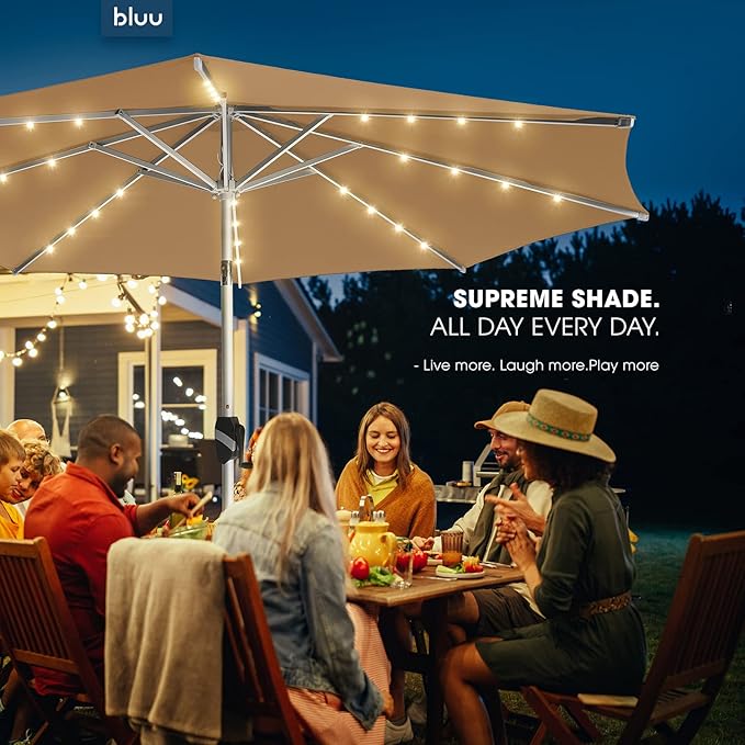 BLUU 9 Ft Patio Umbrella with Solar LED Lights, 5-Year Fade-Resistant Aluminum Outdoor Table Umbrella with Tilt Adjustment and Crank for Pool, Deck, Garden and Lawn, Beige
