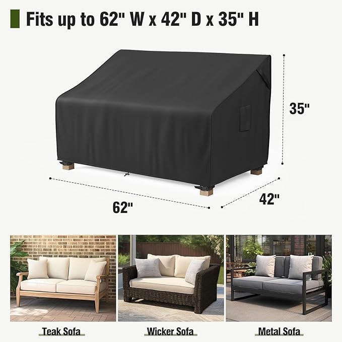 MR.COVER 2-Seater Patio Loveseat Cover, Patio Furniture Covers Waterproof, Heavy Duty Outdoor Couch Sofa Covers with Air Vent and Handles, No Fading and No Tears, Fits up to 62"W x 42"D x 35"H, Black
