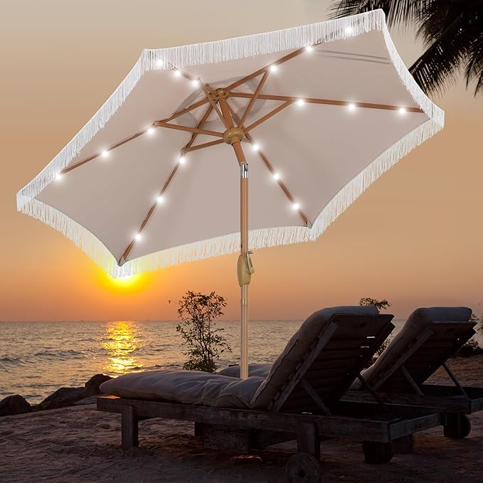 GDY 7.5ft Tassel Patio Umbrella and Matching Base, Outdoor Table Umbrella with 18 LED Lights,Market Umbrella with 6 Sturdy Ribs, with Push Button Tilt and Crank, Camel