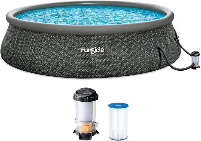Funsicle Quickset Designer 18' x 48" Round Above Ground Swimming Pool, with FiltraBoost 1200 GPH Filter Pump, Ladder, Type C Filter Cartridge & Repair Patch, Dark Herringbone