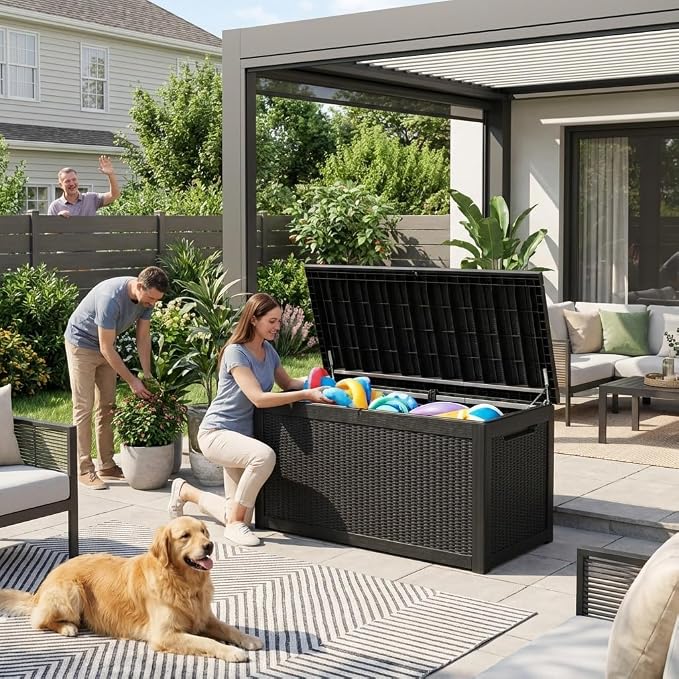 Outdoor Storage Box 321GAL Waterproof Resin Deck Box,Pool Accessories Supplies，UV-Resistant Lockable Package Delivery Bin for Garden Tools,Large Patio Outside Cushions,Chest,Furniture,Black
