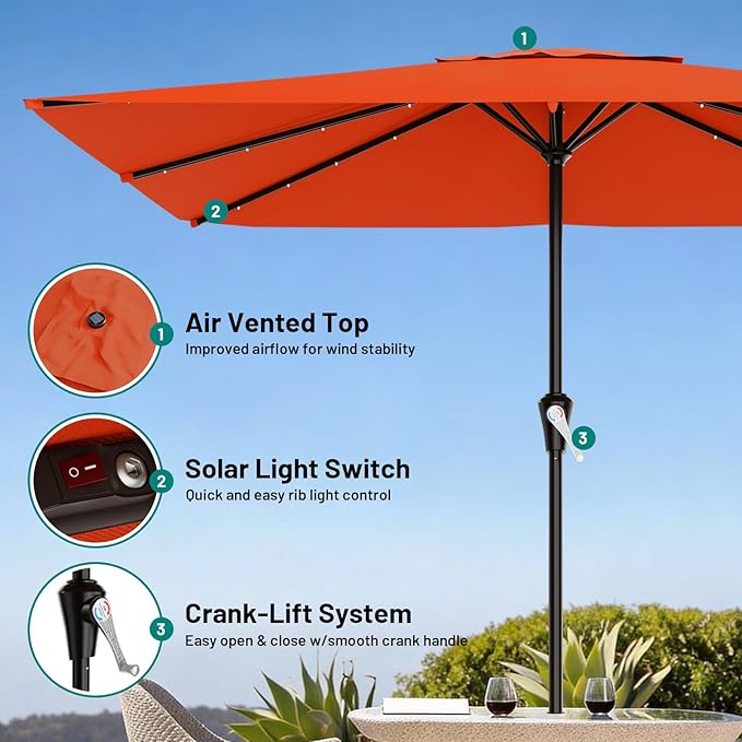 AreShark 8' X 10' Rectangular Patio Umbrella with Solar Lights, Lighted Solar Umbrella with Crank, Outdoor Table Umbrella for Garden, Deck, Backyard, Pool and Beach, Orange