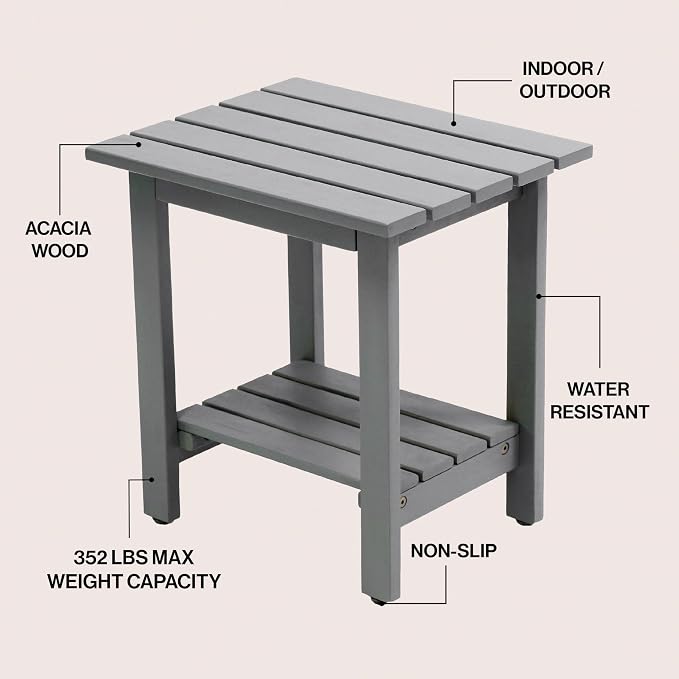 JONATHAN Y Kellie 16" Modern Gray Acacia Wood Outdoor Side Table with 2-Tier Storage, Weather-Resistant Rectangular Slatted End Table for Patio, Garden, Deck, and Porch END6001G