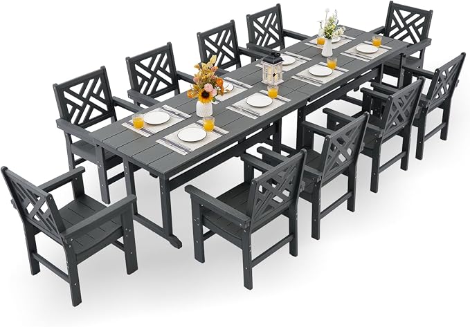 HDPE Dining Table Set for 10,12-Piece Outdoor Table and Chairs Include 10 Dining Chairs and 2 Pcs 62.5" Patio Dining Table with Umbrella Hole (Gray)
