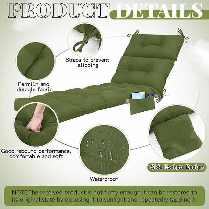 Kigley 2 Pcs Outdoor Chaise Lounge Cushions with 3 Side Pocket 74.5 x 22 x 4.7 Inch Patio Chaise Lounge Cushion, Water-Repellent and Fade-Resistant Tufted Summer Replacement(Moss Green, Solid Color)