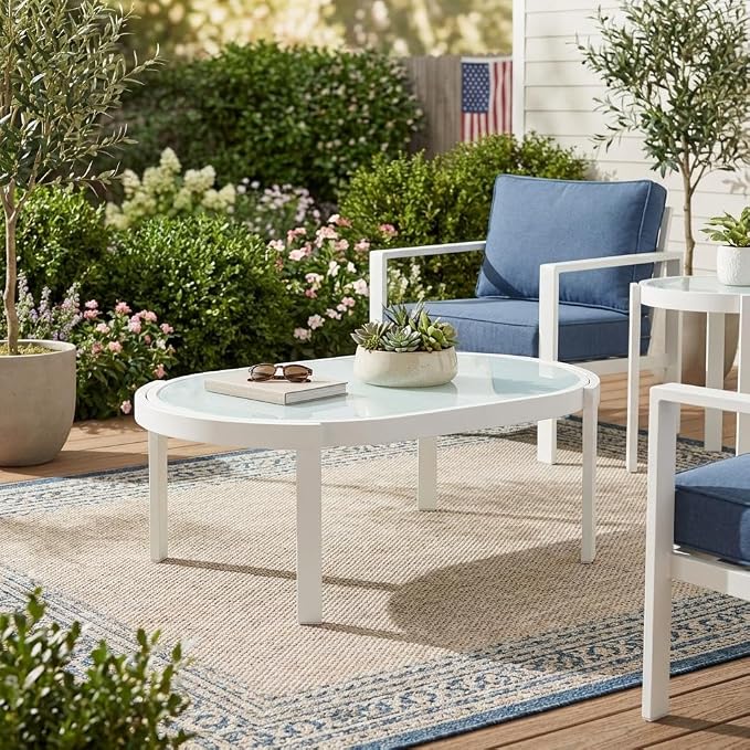 Christopher Knight Home Lula Aluminum Outdoor Coffee Table with Tempered Glass Top, Modern Coffee Table for Patio Furniture Set, Weather-Resistant Patio Table with Oval Top, White