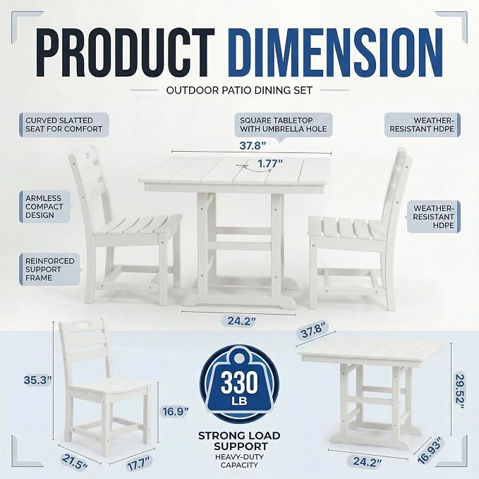 WILLIAMSPACE 37.8" Outdoor Patio Dining Set with 2 Armless Chairs, All Weather HDPE Square Dining Table with Umbrella Hole, Patio 3-Piece Bistro Set for Backyard, Balcony, Lawn, Kitchen (White)