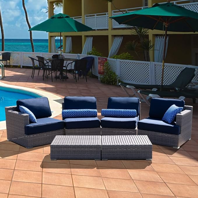Vanity Art High-Density Polyethylene (HDPE) Wicker 6 Piece Outdoor Furniture Conversation Sofa Set | Patio Couch with Cushion, and Back Rest Pillow for Balcony Backyard, Garden, Fully Assembled
