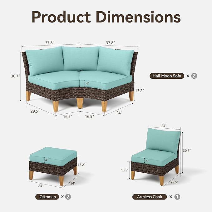 GREEN PARTY 7 Pieces Wicker Patio Furniture Set, All-Weather Outdoor Rattan Half-Moon Patio Curved Sectional Sofa Conversation Set for Garden, Backyard, 2 x Ottomans (Blue)