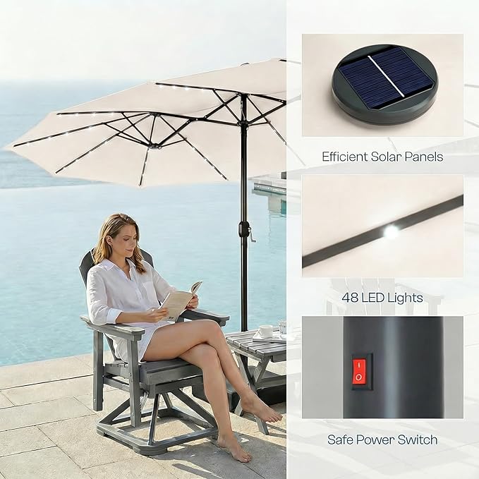 15ft Large Patio Umbrella with Solar Lights and Base, Double-Sided Outdoor Rectangle Umbrella with 48 LED Lights, Market Table Umbrellas with UV Resistant Canopy