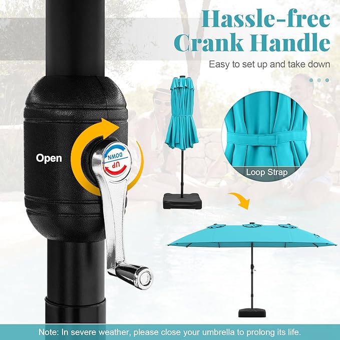 Tangkula 15FT Double-Sided Solar Patio Umbrella, Extra-Large Outdoor Twin Umbrella with 48 LED Lights, Vented Top, Crank Handle, 12 Ribs, Weighted Base Included for Backyard Poolside Deck (Turquoise)